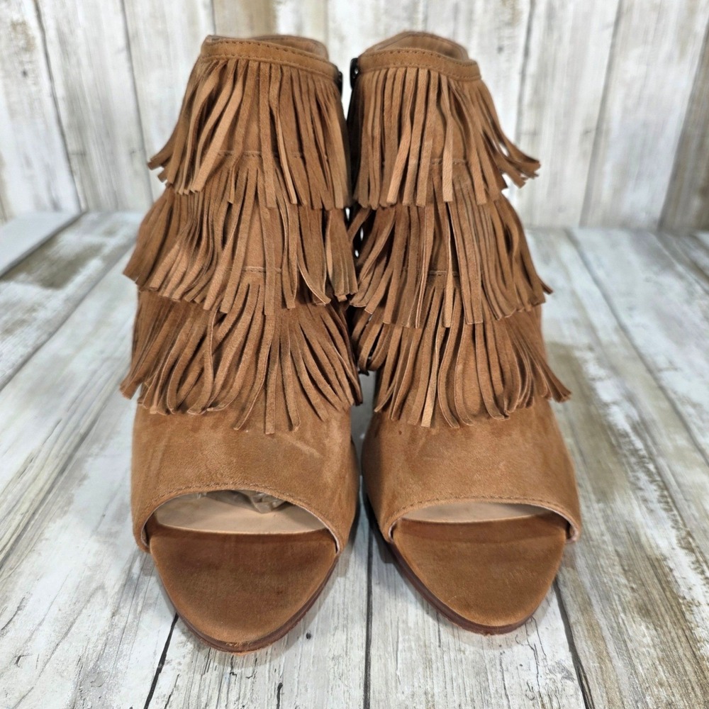 Vince Camuto Jaden Tan Suede Fringe Open Toe Bootie Heels 10M